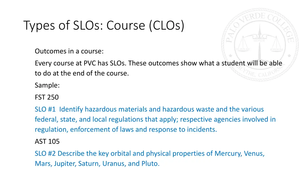 types of slos course clos