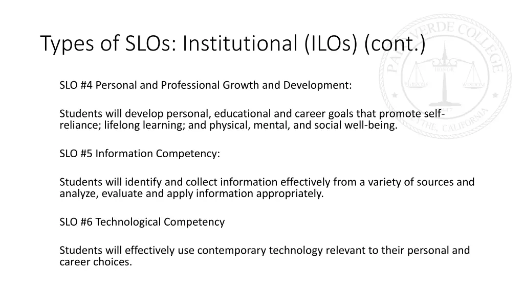 types of slos institutional ilos cont