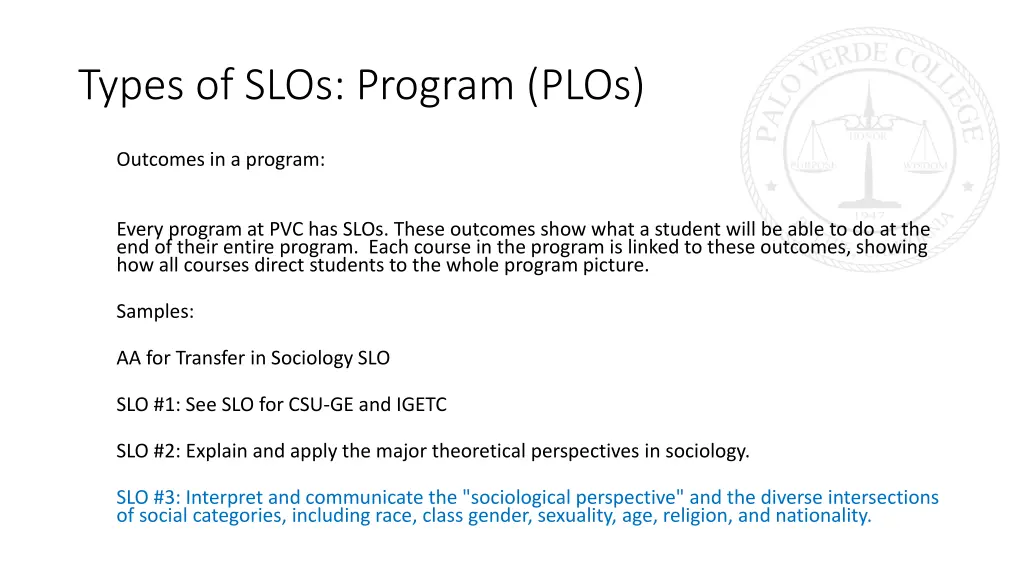 types of slos program plos