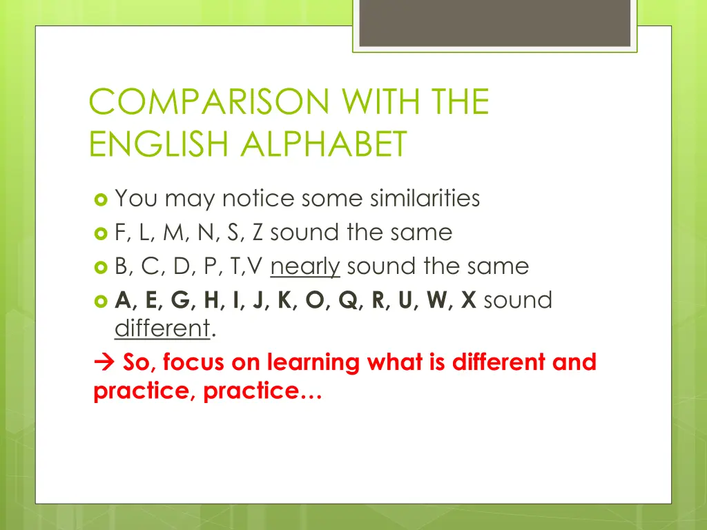 comparison with the english alphabet