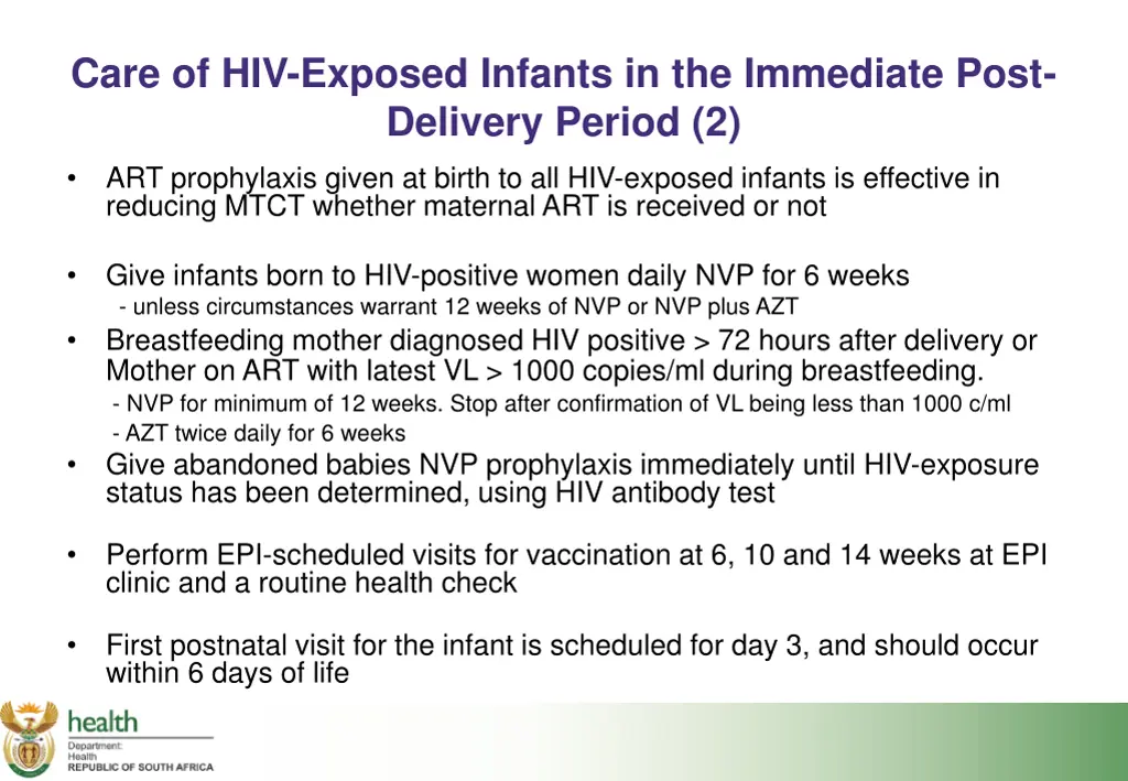 care of hiv exposed infants in the immediate post 1