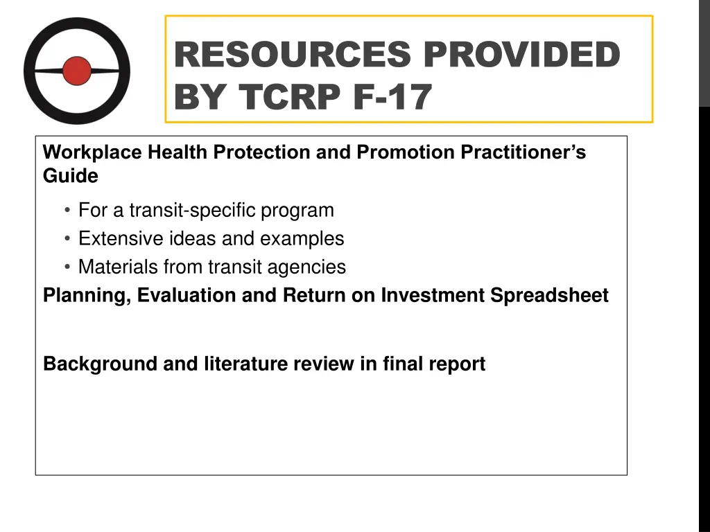 resources provided by tcrp f 17