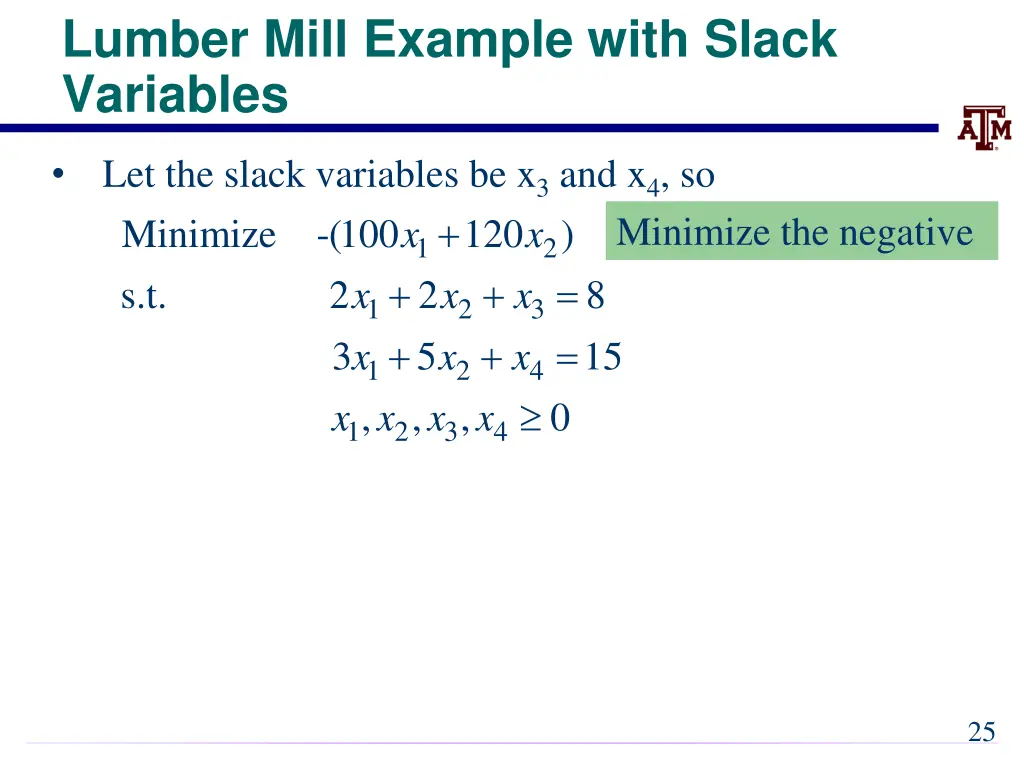 lumber mill example with slack variables