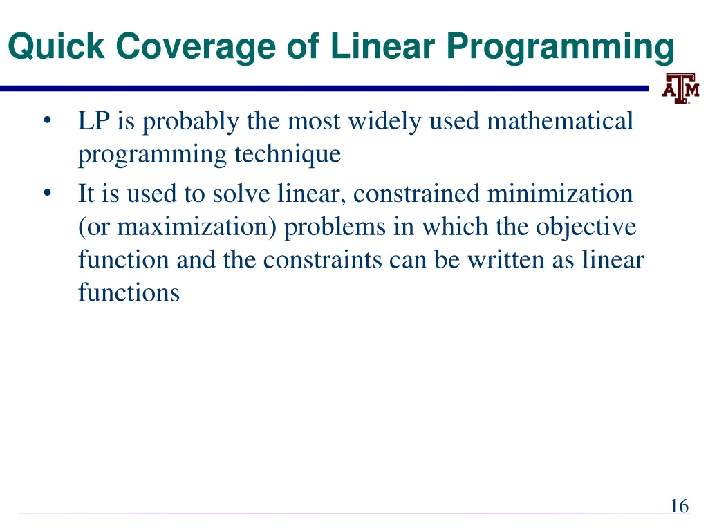 quick coverage of linear programming