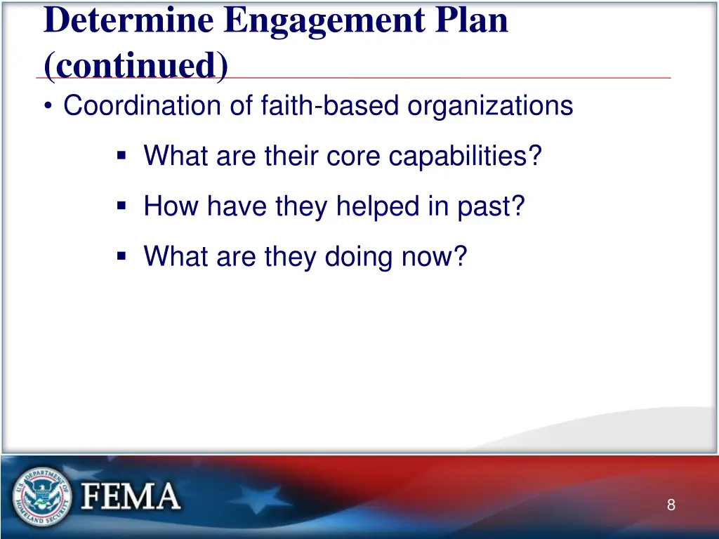 determine engagement plan continued coordination