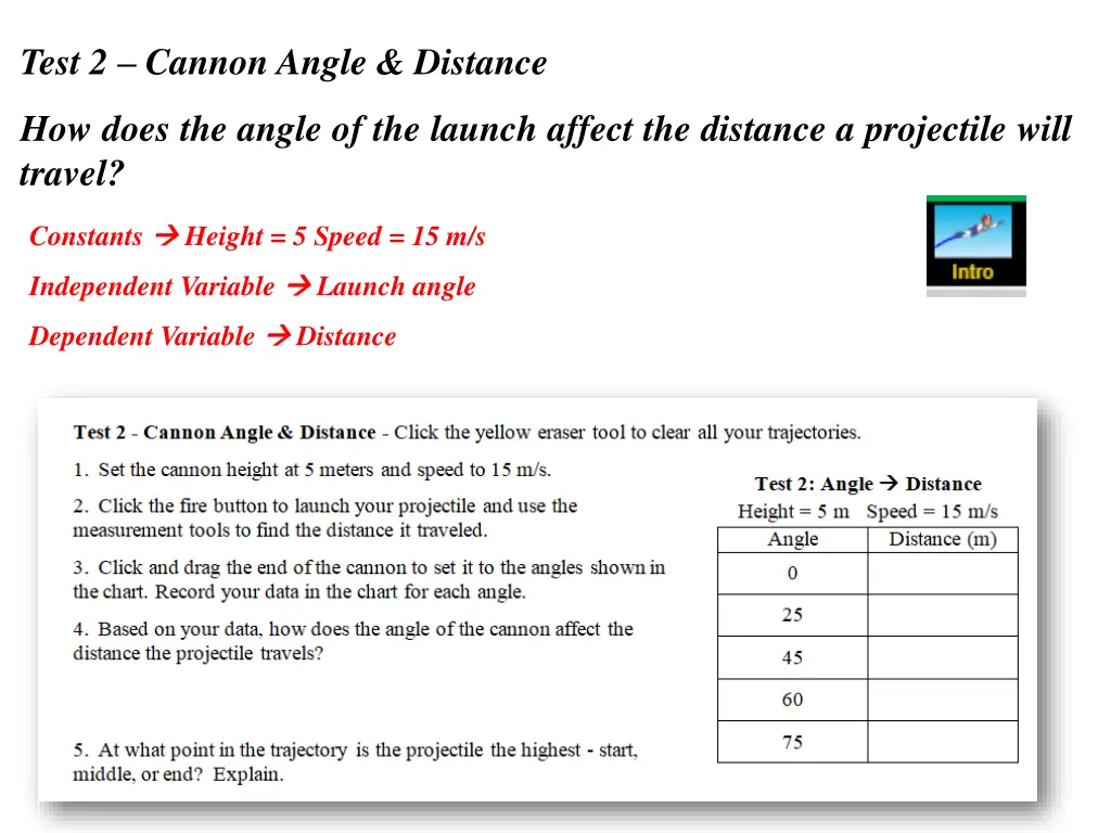 test 2 cannon angle distance