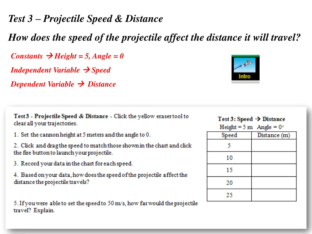 test 3 projectile speed distance