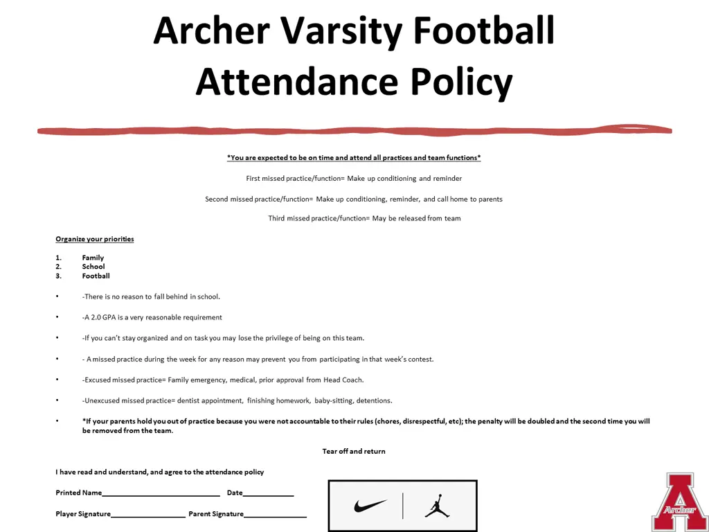 archer varsity football attendance policy