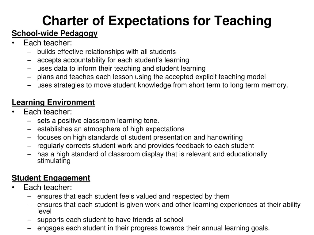 charter of expectations for teaching school wide