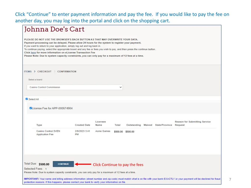 click continue to enter payment information