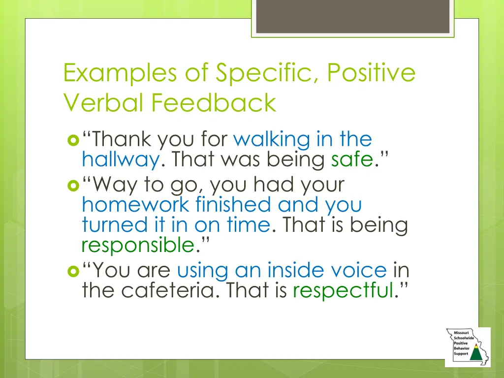 examples of specific positive verbal feedback