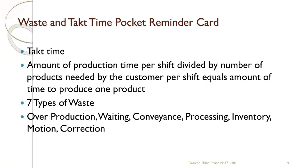 waste and takt time pocket reminder card