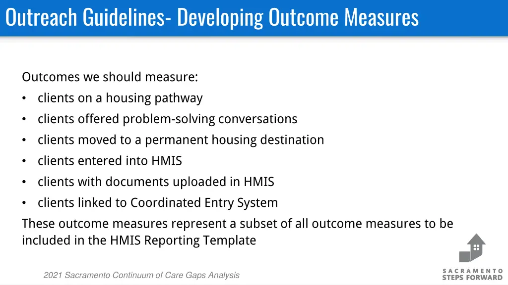 outreach guidelines developing outcome measures