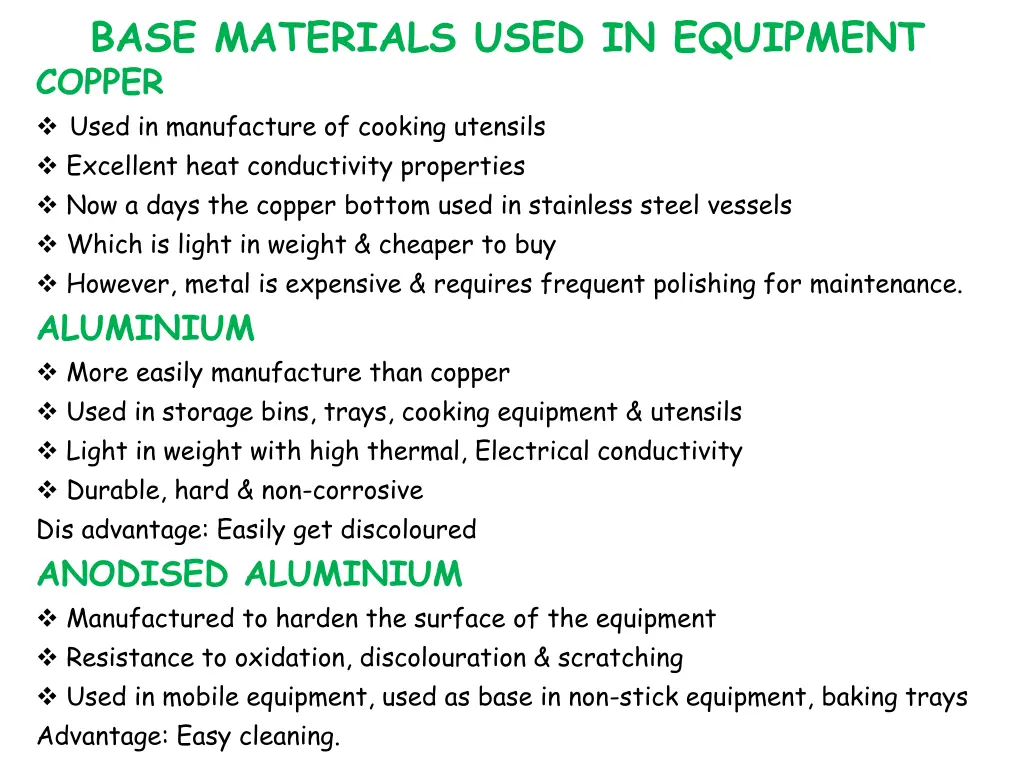 base materials used in equipment copper used