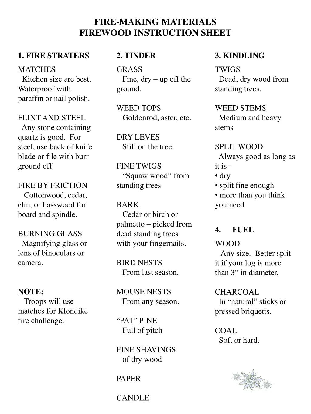 fire making materials firewood instruction sheet