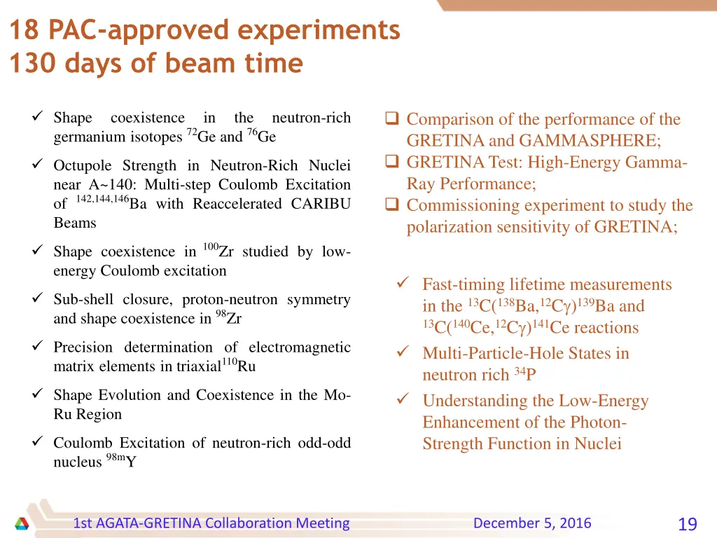 18 pac approved experiments 130 days of beam time