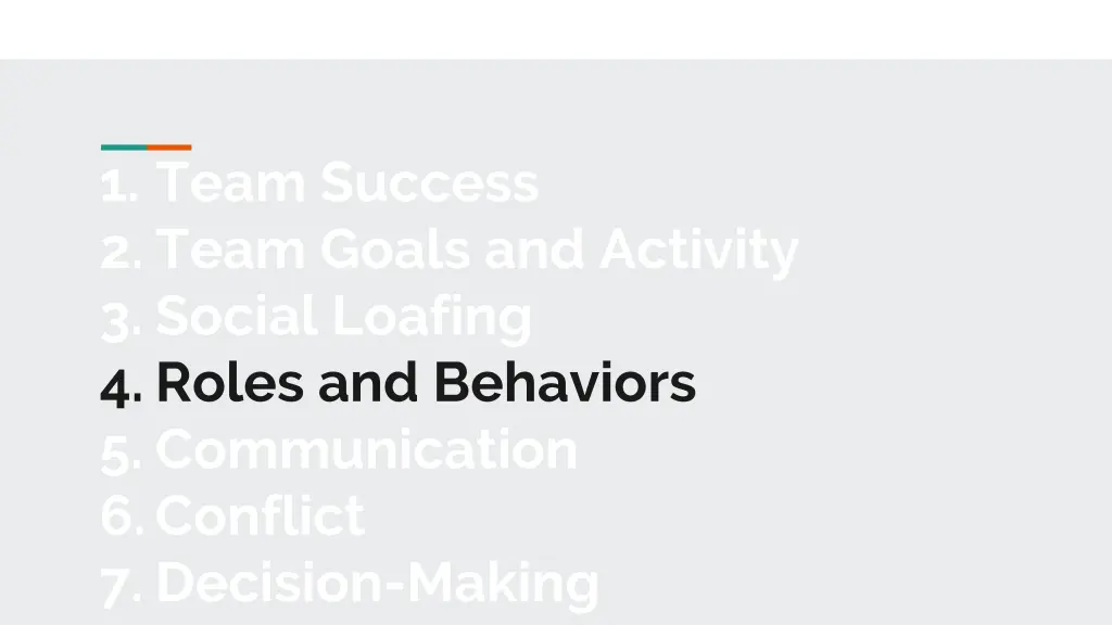 1 team success 2 team goals and activity 3 social 4