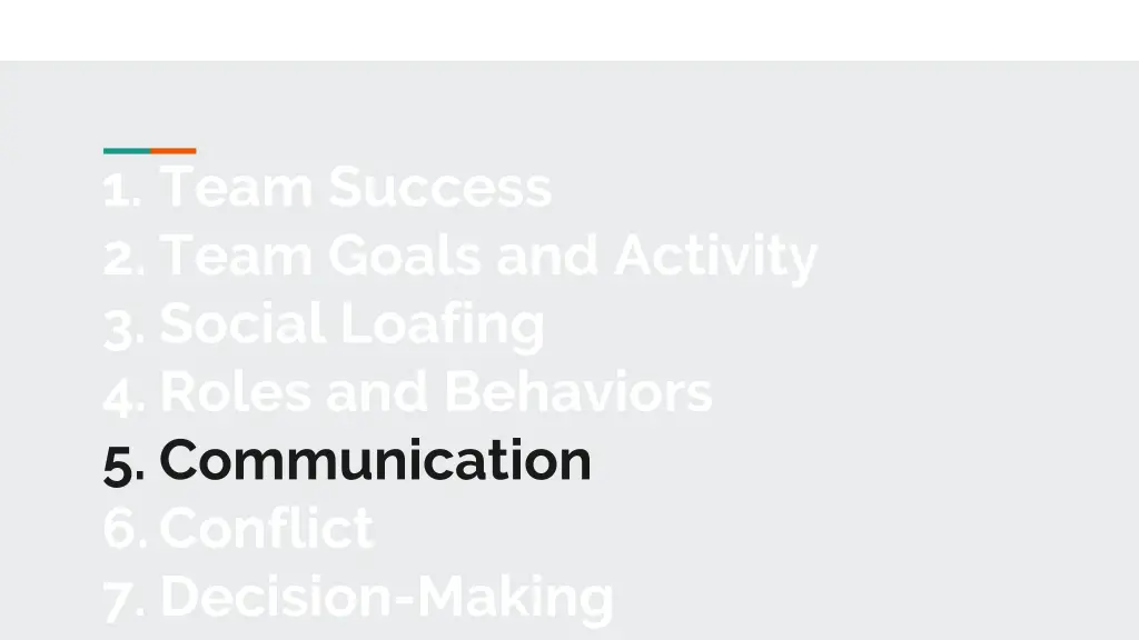 1 team success 2 team goals and activity 3 social 5