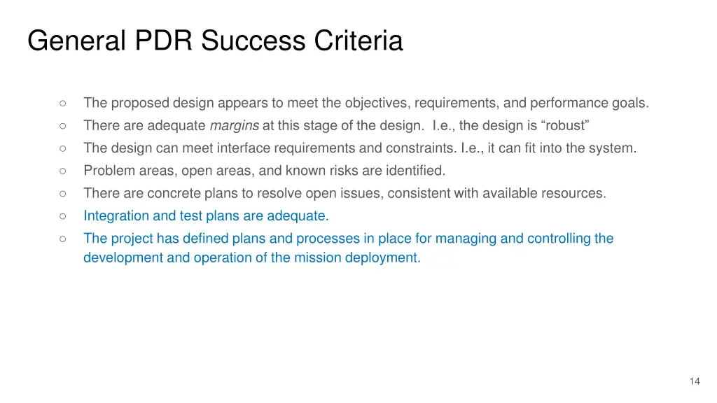 general pdr success criteria