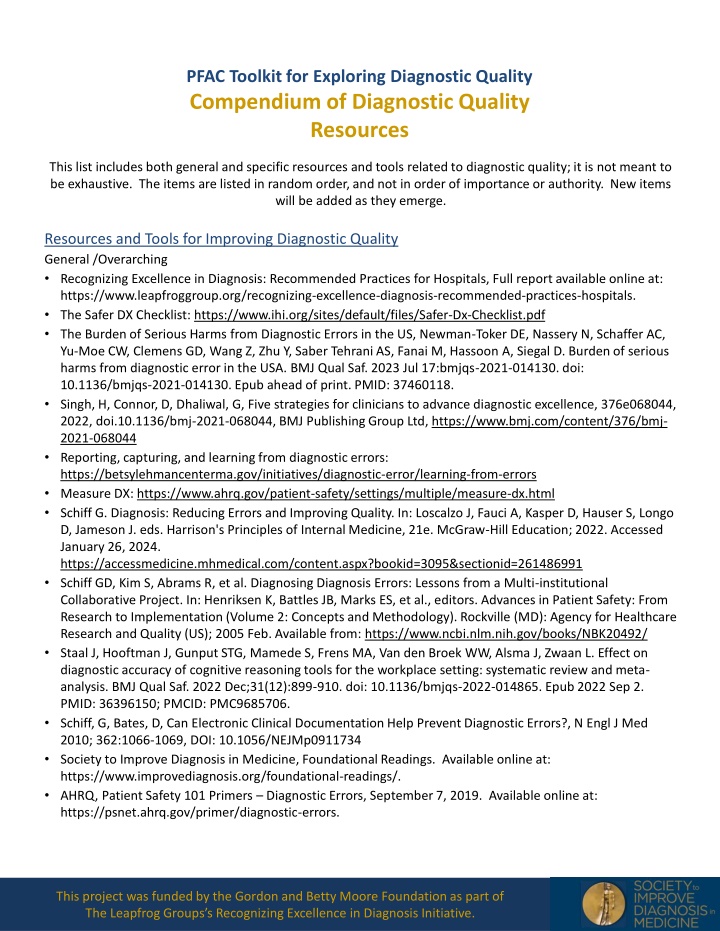 pfac toolkit for exploring diagnostic quality