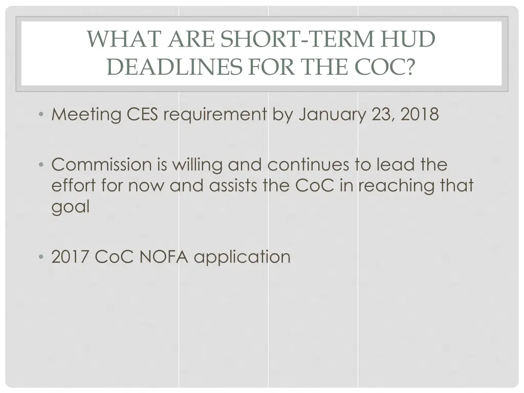 what are short term hud deadlines for the coc