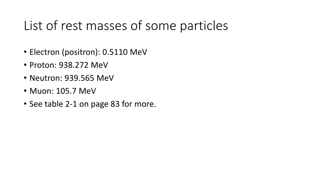 list of rest masses of some particles