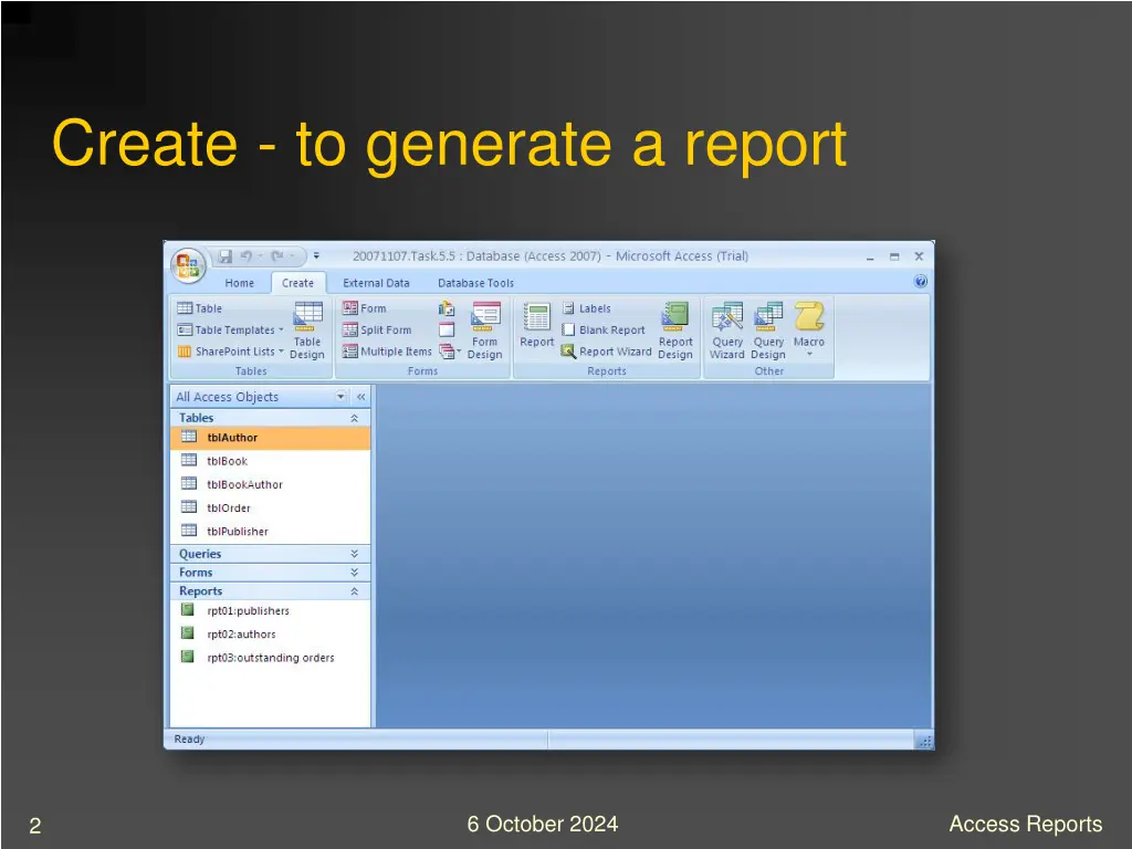 create to generate a report