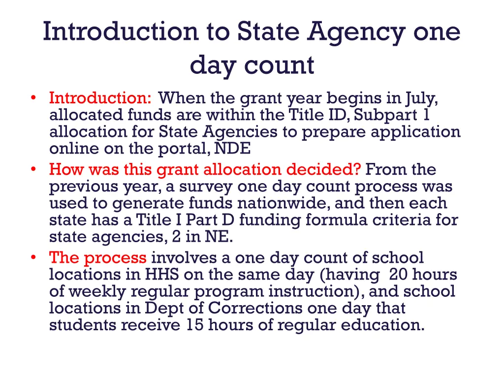 introduction to state agency one day count