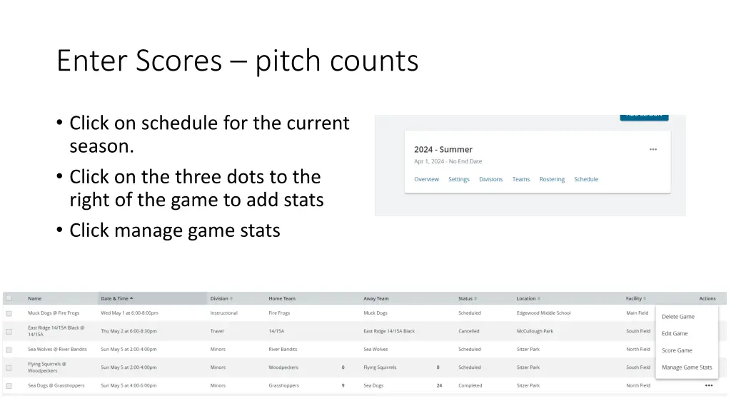 enter scores pitch counts