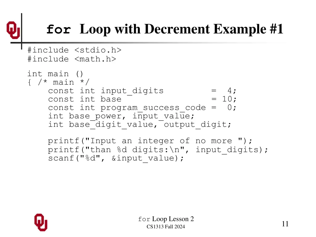 for loop with decrement example 1