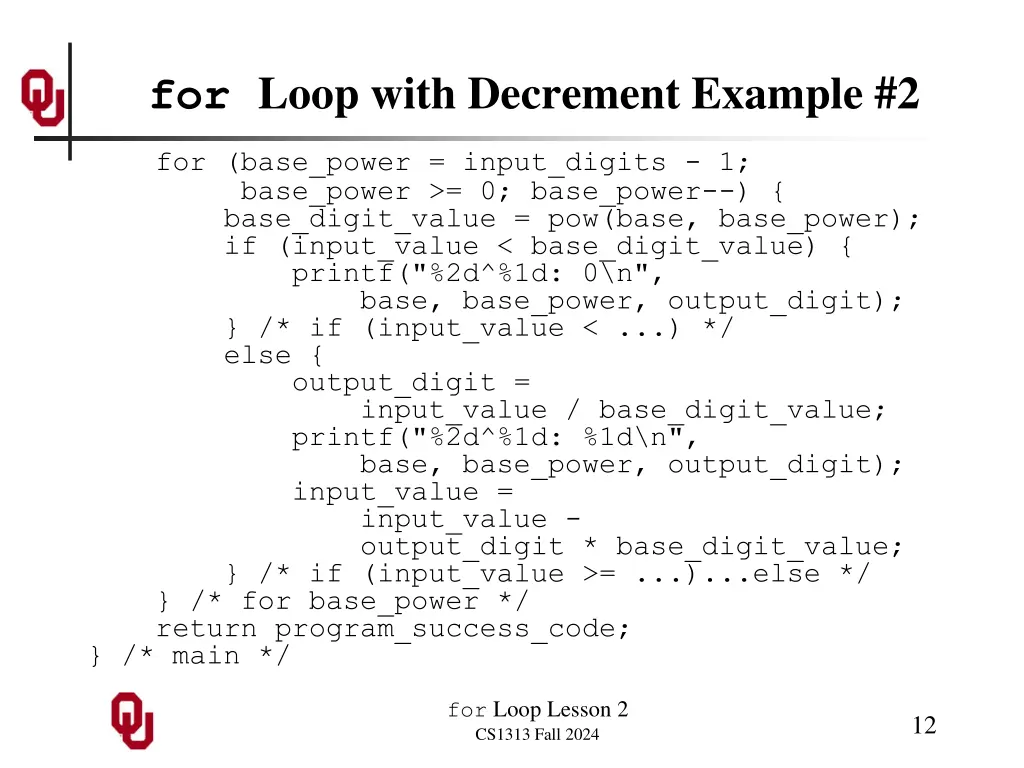 for loop with decrement example 2