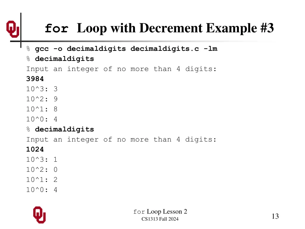 for loop with decrement example 3