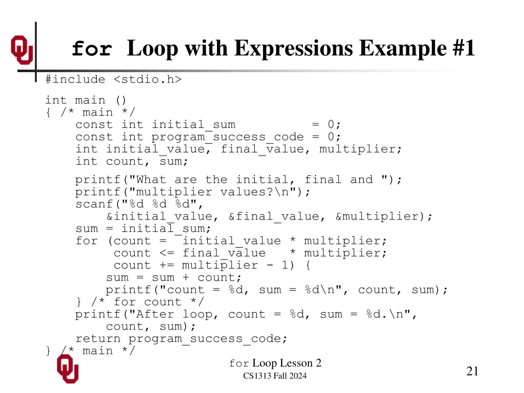 for loop with expressions example 1