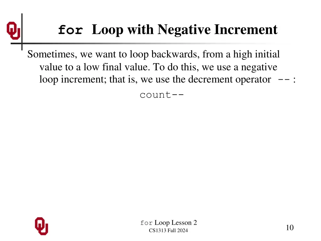 for loop with negative increment