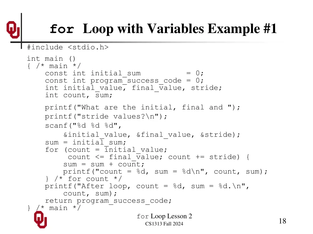 for loop with variables example 1