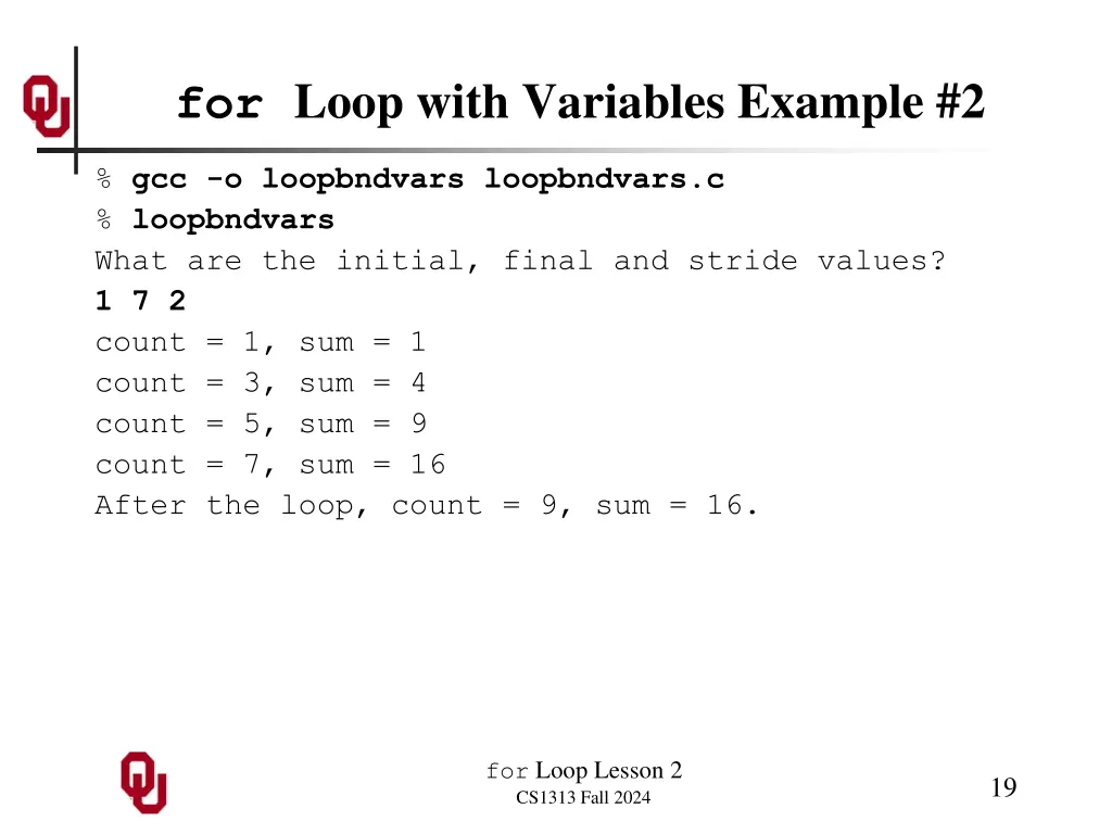 for loop with variables example 2