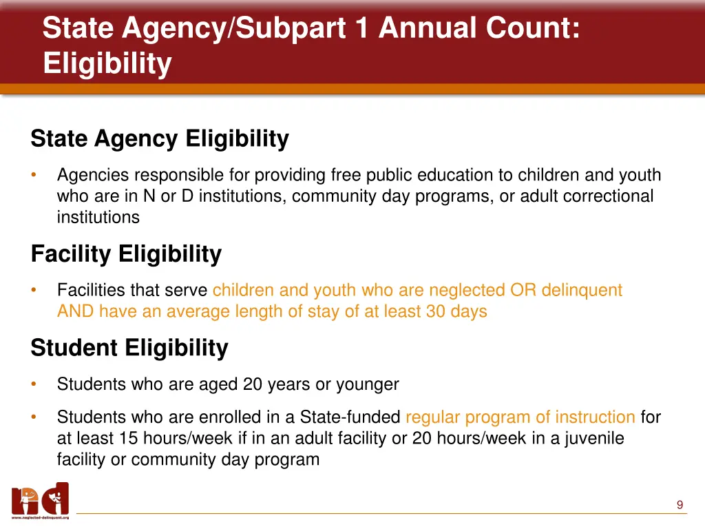 state agency subpart 1 annual count eligibility