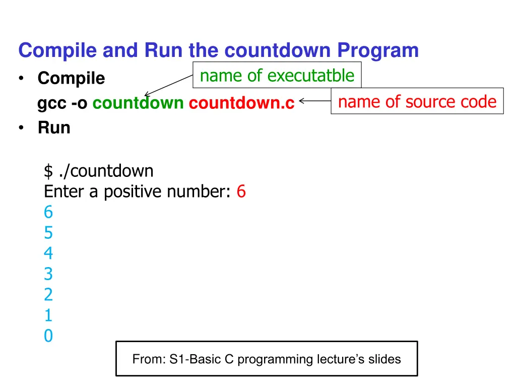 compile and run the countdown program compile