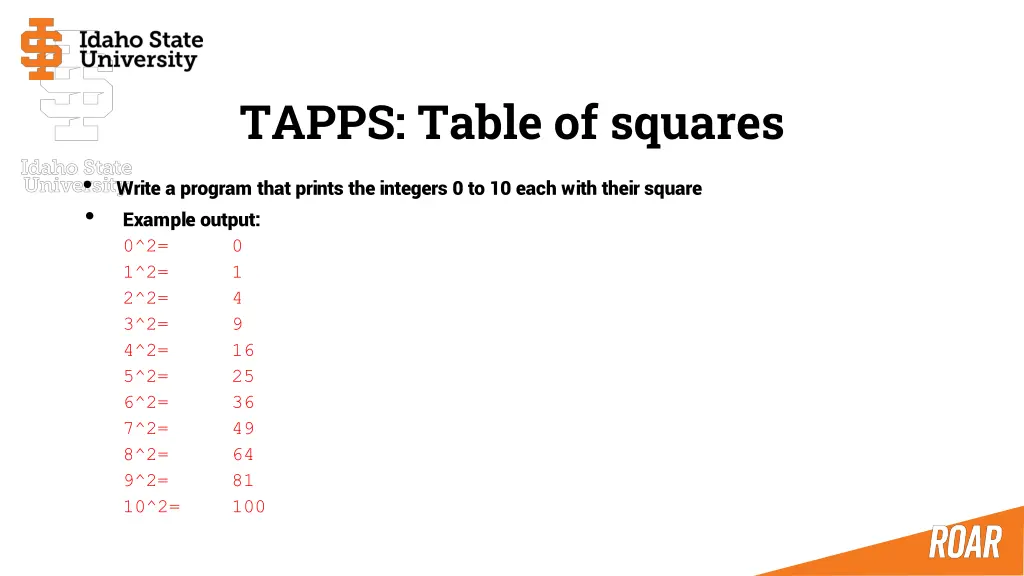 tapps table of squares