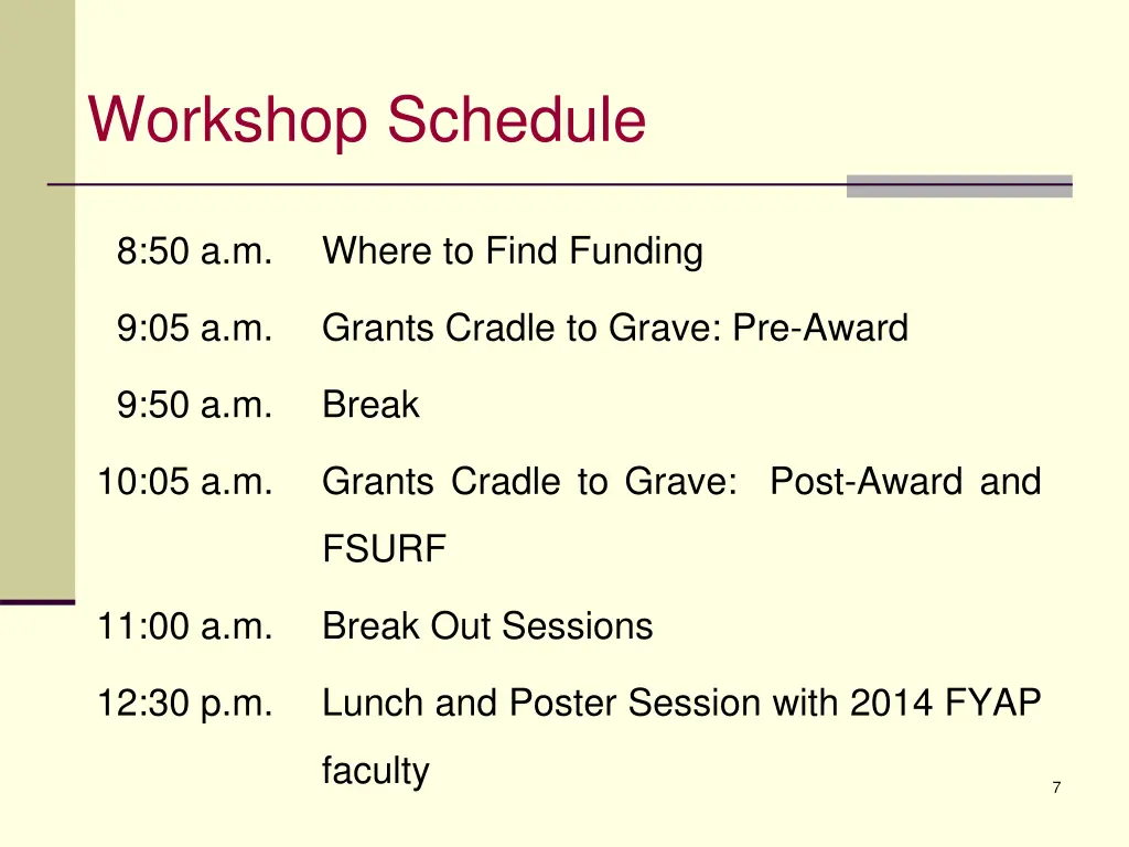 workshop schedule