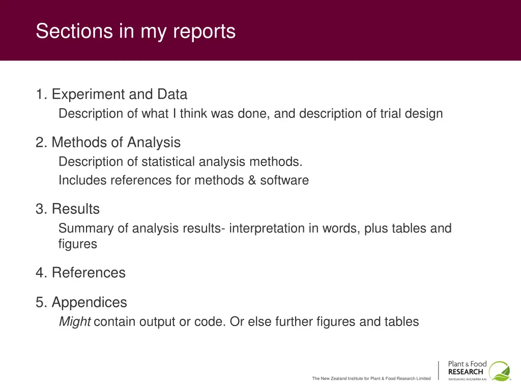 sections in my reports