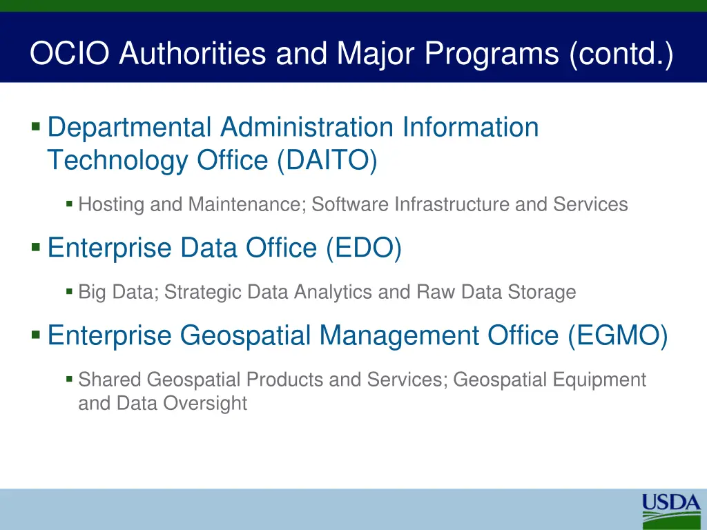 ocio authorities and major programs contd