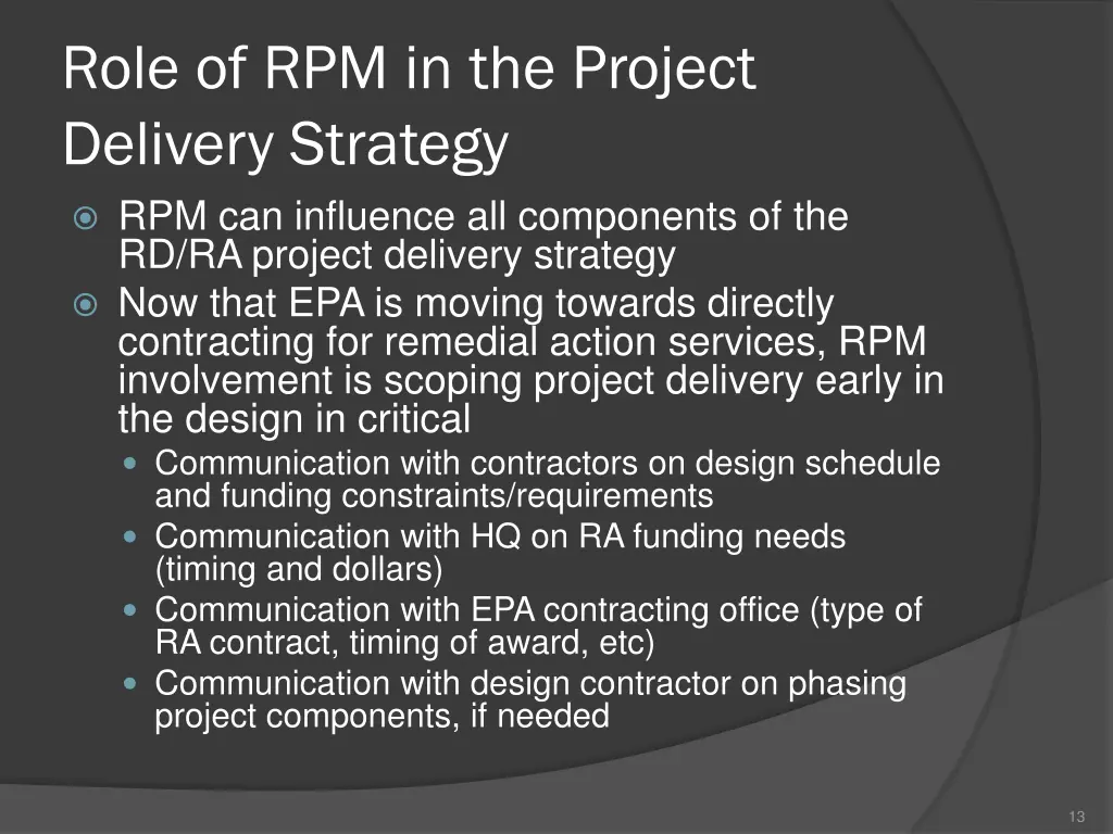 role of rpm in the project delivery strategy