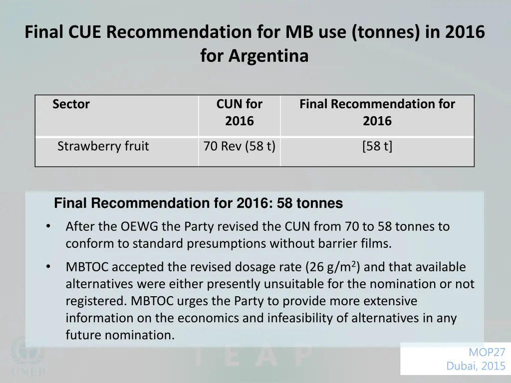 final cue recommendation for mb use tonnes 2