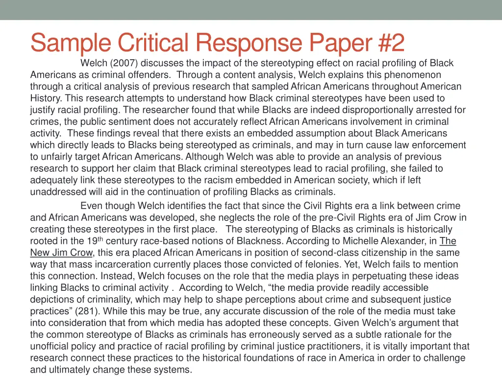 sample critical response paper 2 welch 2007