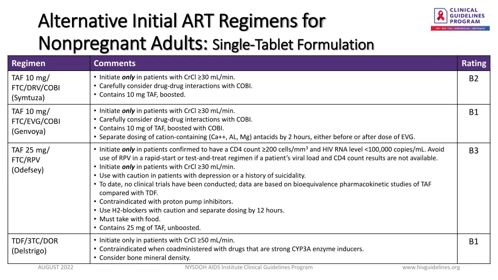 alternative initial art regimens for alternative