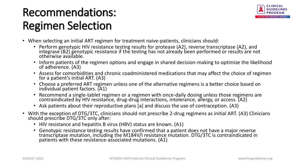 recommendations recommendations regimen selection