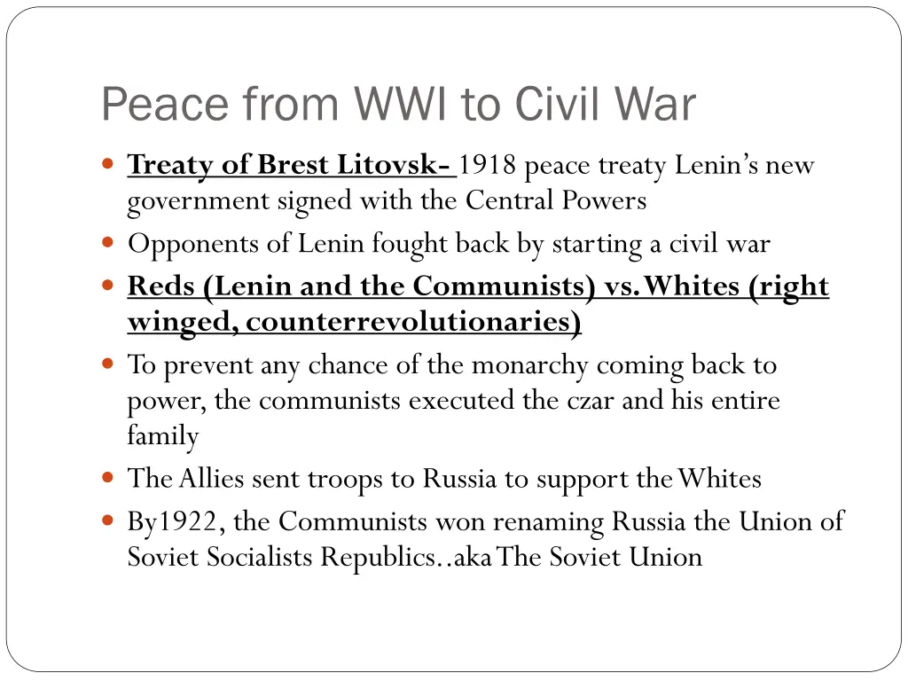 peace from wwi to civil war