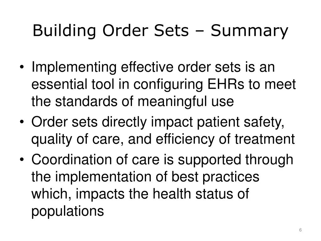 building order sets summary