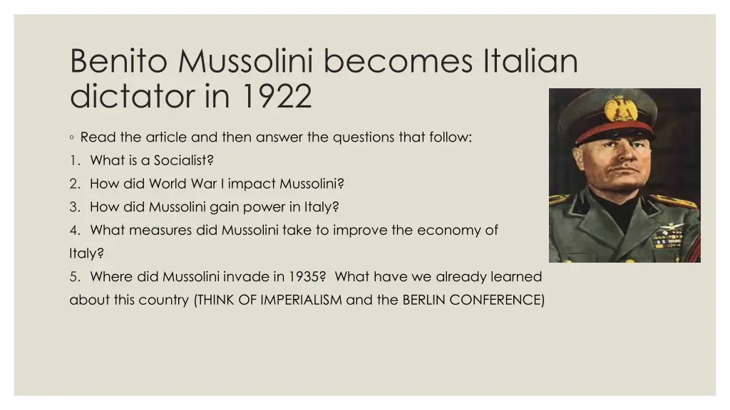 benito mussolini becomes italian dictator in 1922